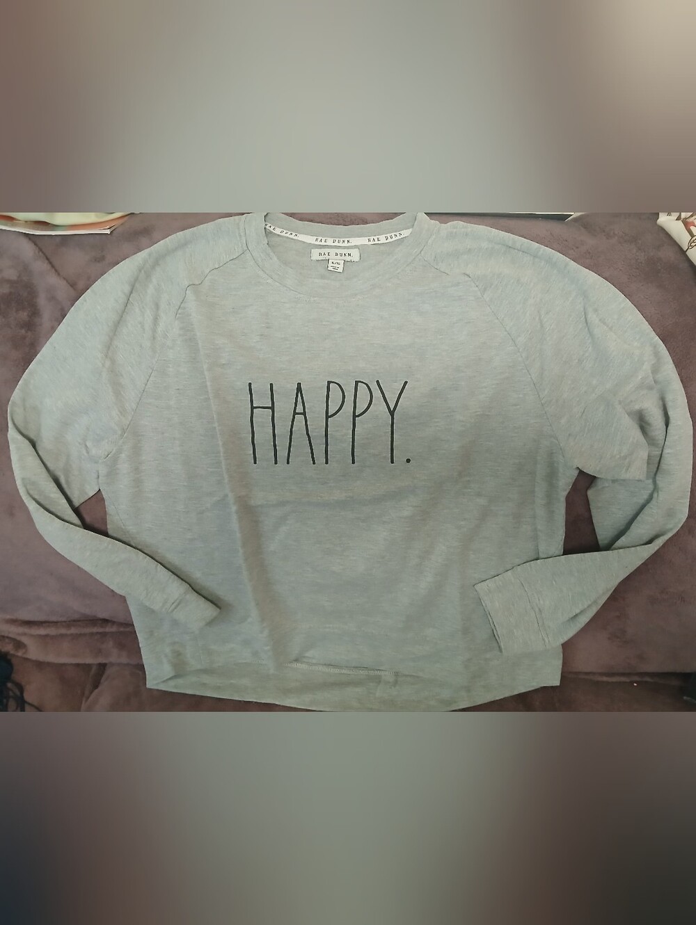 🍁Rae Dunn Gray Crewneck Sweater with HAPPY. Text